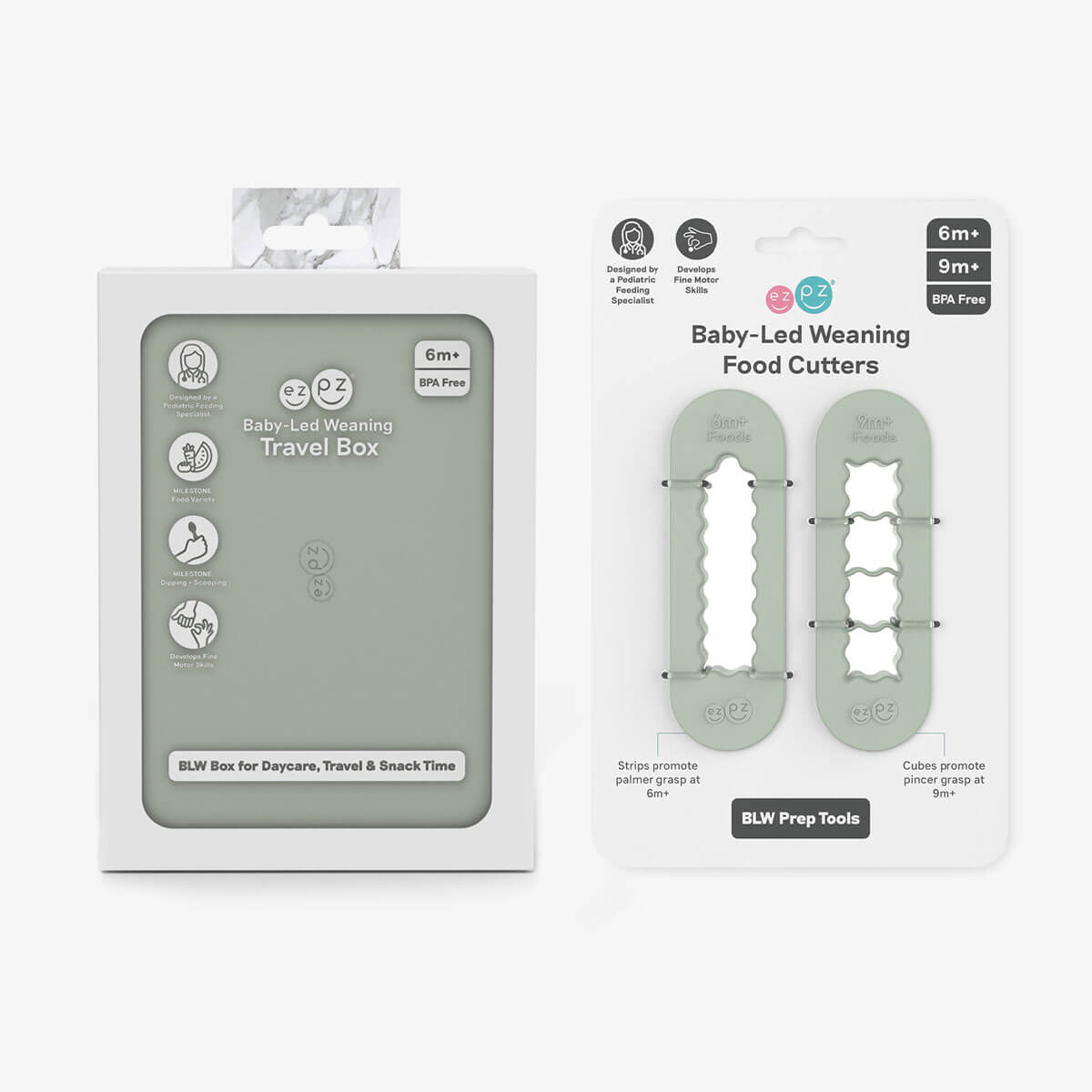 ezpz baby-led weaning travel box and food cutters in sage green is an all-in-one feeding + storage system that helps families pack, transport, and serve baby’s meals when away from home #color_sage