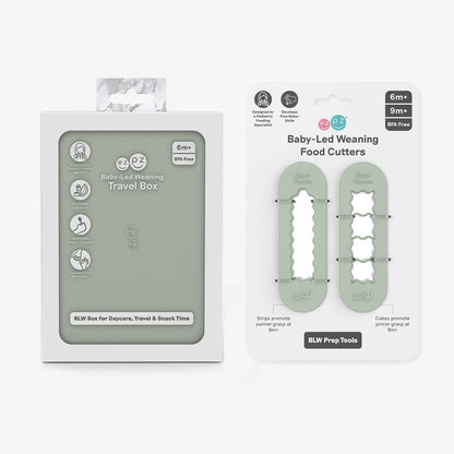 ezpz baby-led weaning travel box and food cutters in sage green is an all-in-one feeding + storage system that helps families pack, transport, and serve baby’s meals when away from home 
