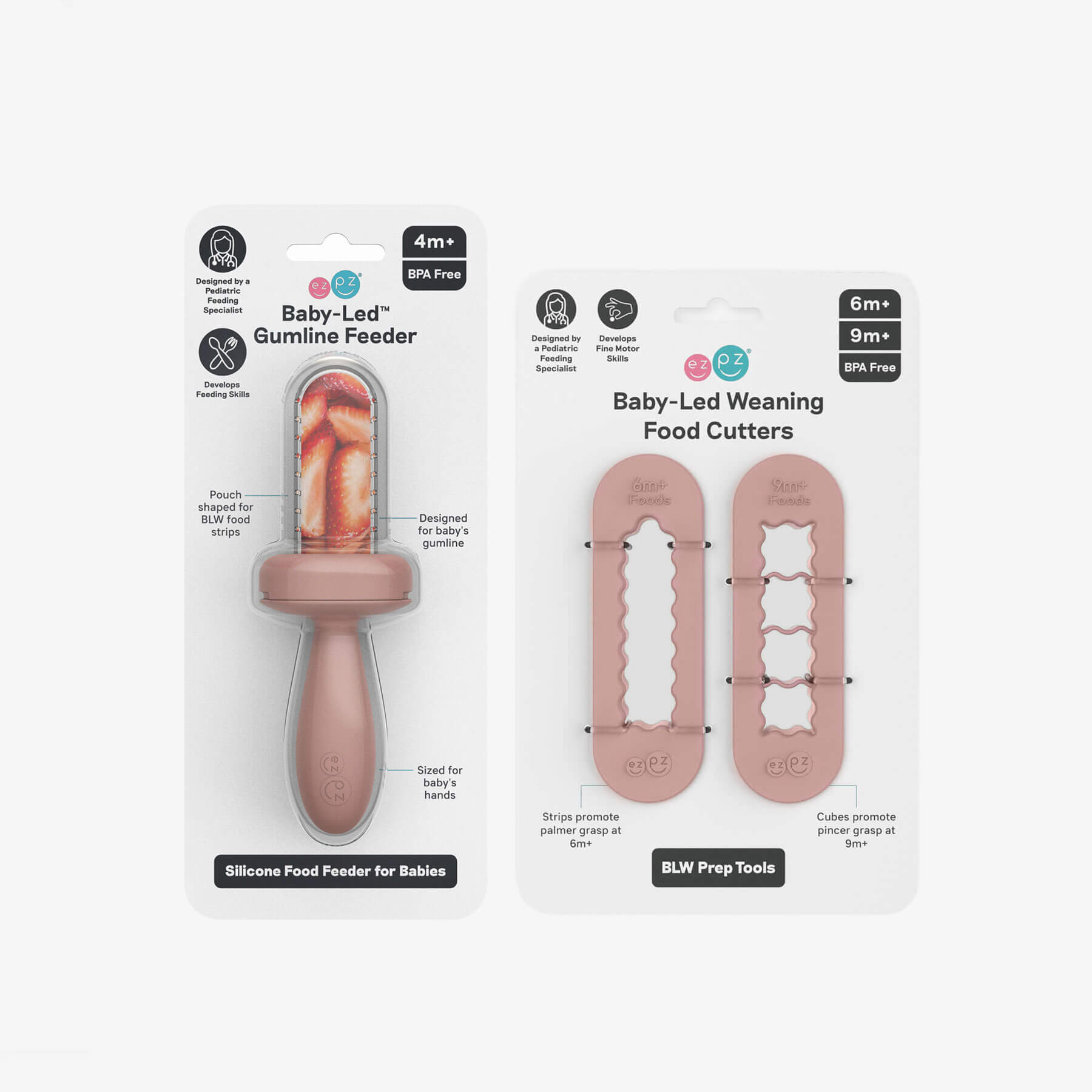 ezpz Gumline Feeder and Baby-Led Weaning Food Cutters in Blush Pink 