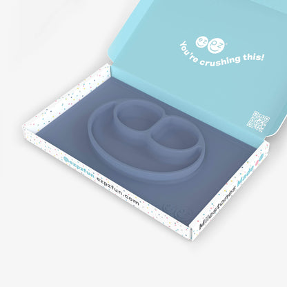 ezpz Kit 4 - Celebrate Mealtime Independence in Indigo Blue includes the Happy Mat, Happy Utensils, and Micro Mat 