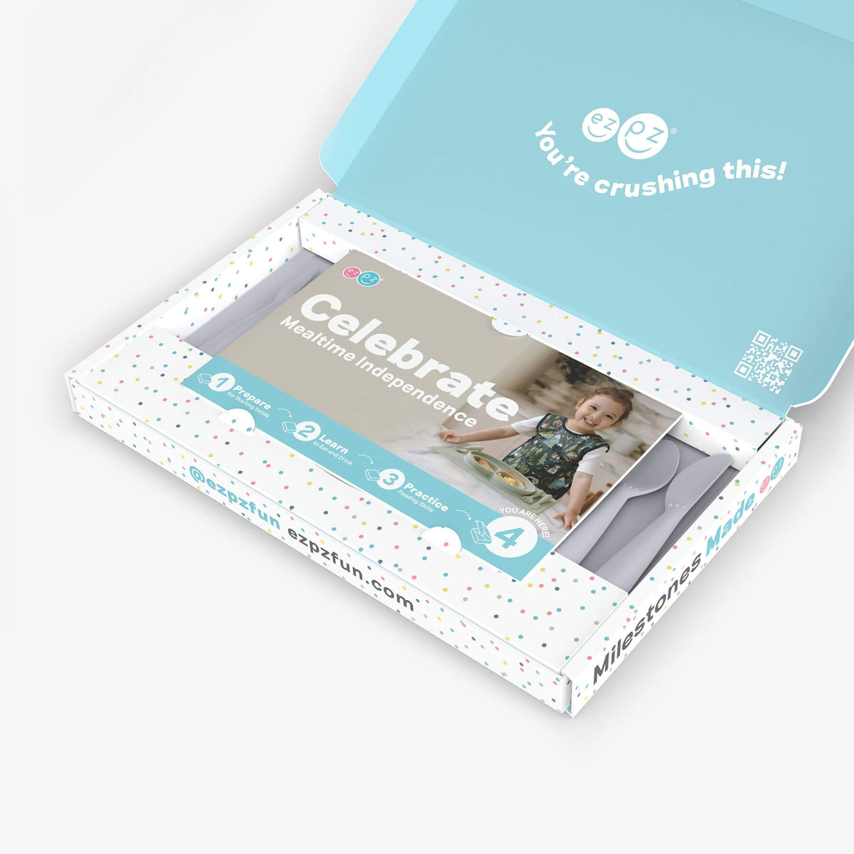ezpz Kit 4 - Celebrate Mealtime Independence in Pewter Gray includes the Happy Mat, Happy Utensils, and Micro Mat 