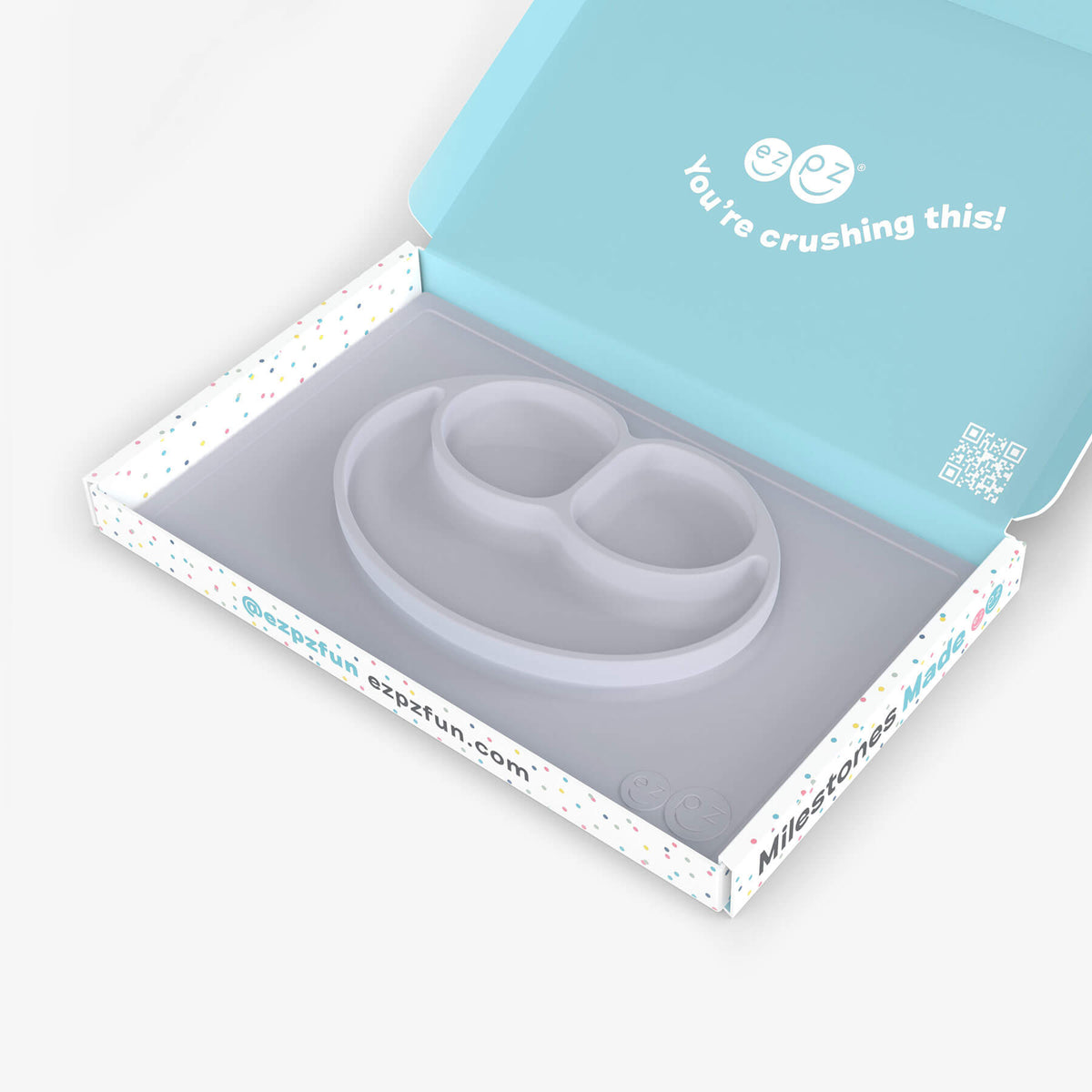 ezpz Kit 4 - Celebrate Mealtime Independence in Pewter Gray includes the Happy Mat, Happy Utensils, and Micro Mat 