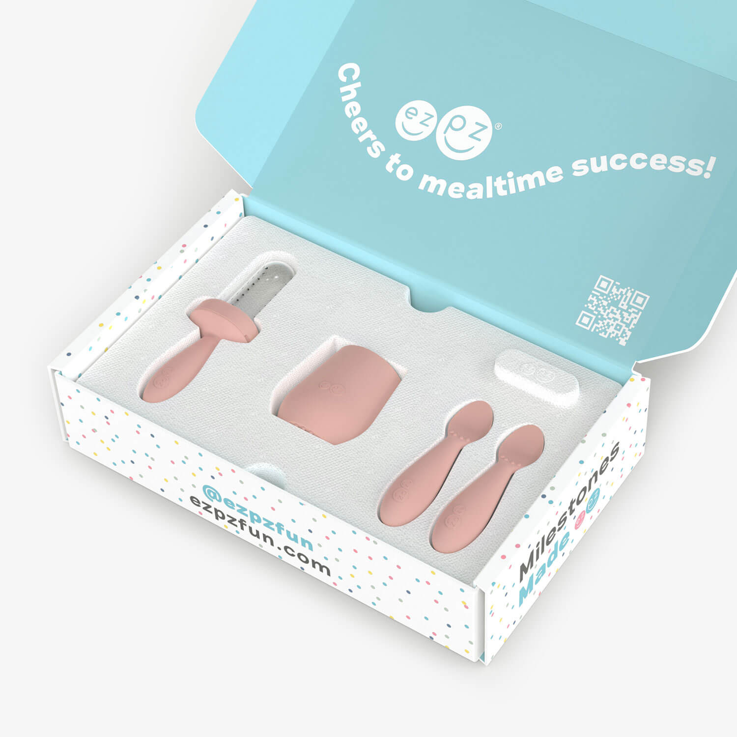ezpz Kit 2 in Blush Pink for learning to eat and drink at age 6 months and up 