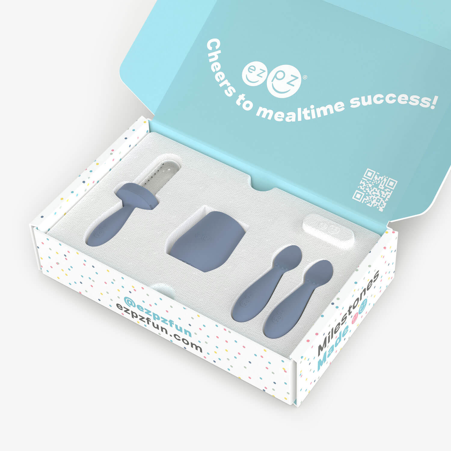 ezpz Kit 2 in Indigo Blue for learning to eat and drink at age 6 months and up 