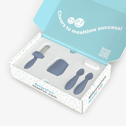 ezpz Kit 2 in Indigo Blue for learning to eat and drink at age 6 months and up 