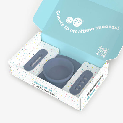 ezpz Kit 2 in Indigo Blue for learning to eat and drink at age 6 months and up 