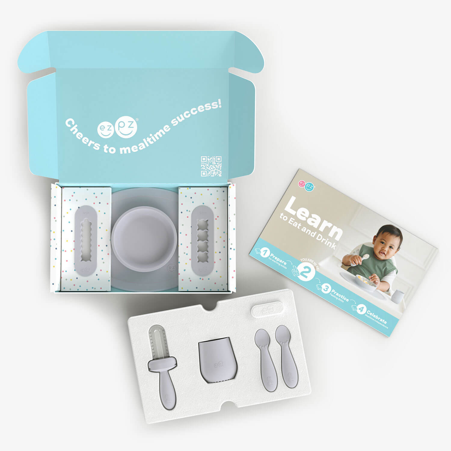 ezpz Kit 2 in Pewter Gray for learning to eat and drink at age 6 months and up 