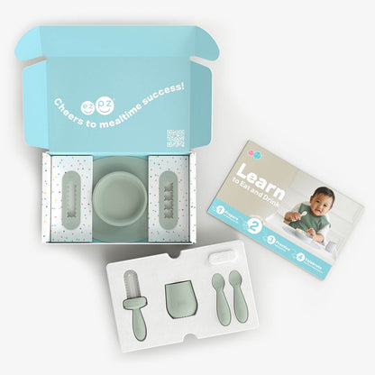 ezpz Kit 2 in Sage Green for learning to eat and drink at age 6 months and up 