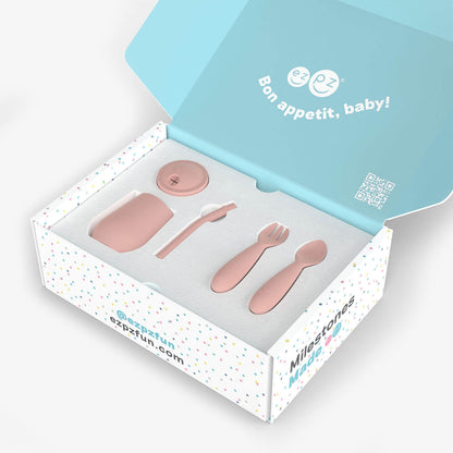 ezpz Developmental Kit Stage 3 in Blush Pink / ezpz Mini Mat, Mini Cup + Straw Training System, and Mini Utensils 