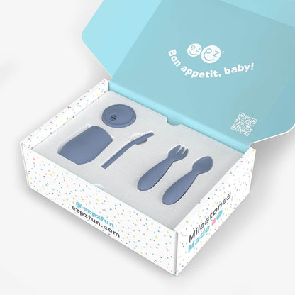 ezpz Developmental Kit Stage 3 in Indigo Blue / ezpz Mini Mat, Mini Cup + Straw Training System, and Mini Utensils 