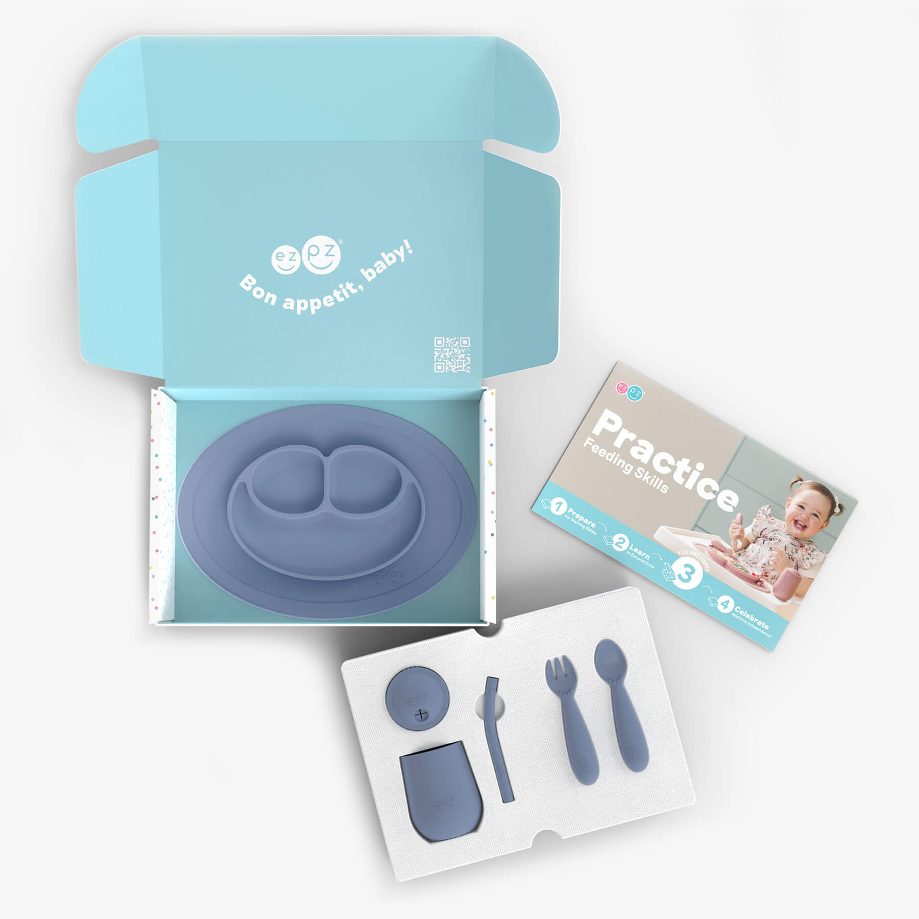 ezpz Developmental Kit Stage 3 in Indigo Blue / ezpz Mini Mat, Mini Cup + Straw Training System, and Mini Utensils 