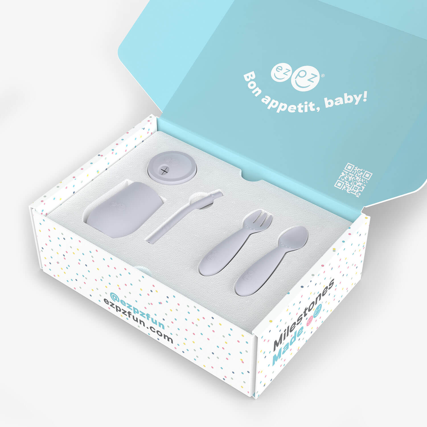 ezpz Developmental Kit Stage 3 in Pewter Gray / ezpz Mini Mat, Mini Cup + Straw Training System, and Mini Utensils 