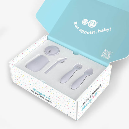 ezpz Developmental Kit Stage 3 in Pewter Gray / ezpz Mini Mat, Mini Cup + Straw Training System, and Mini Utensils 