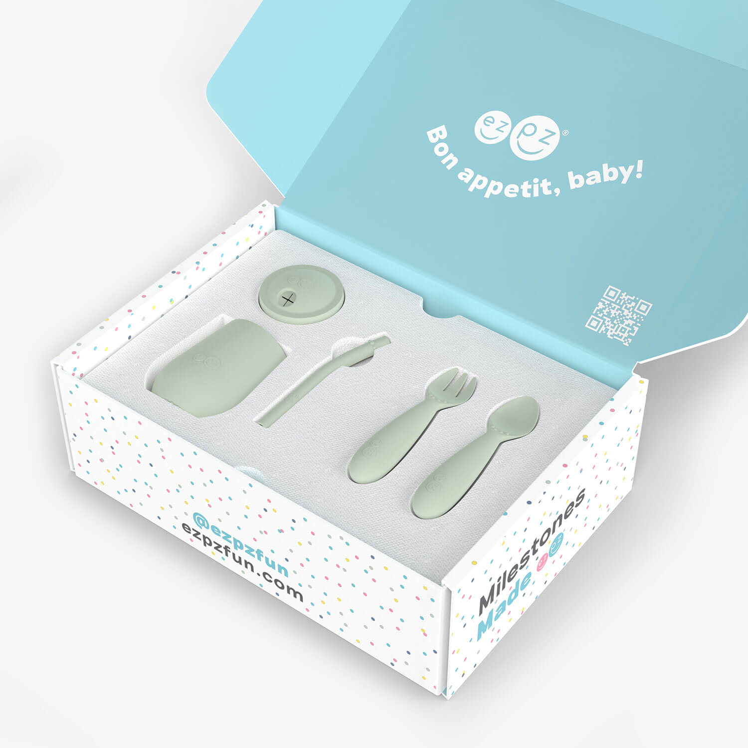 ezpz Developmental Kit Stage 3 in Sage Green / ezpz Mini Mat, Mini Cup + Straw Training System, and Mini Utensils #color_sage