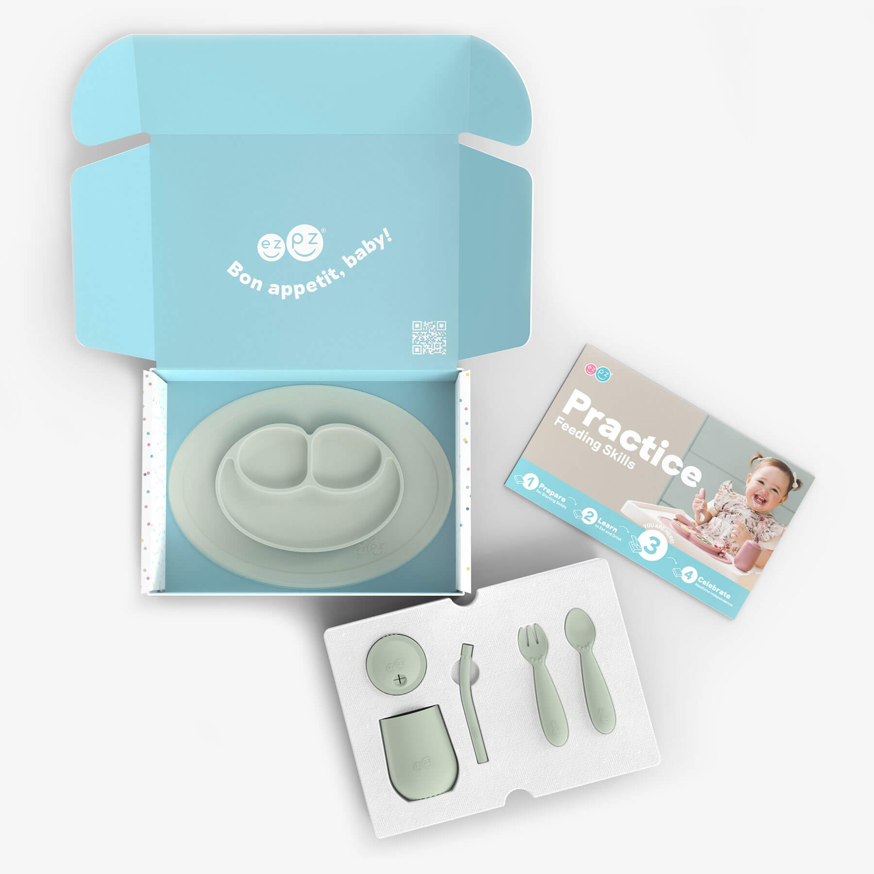 ezpz Developmental Kit Stage 3 in Sage Green / ezpz Mini Mat, Mini Cup + Straw Training System, and Mini Utensils #color_sage