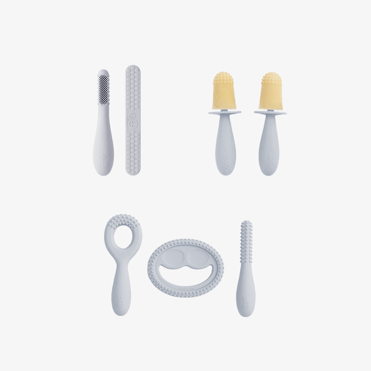 Pre-Feeding Oral Care Bundle in Pewter Light Gray / ezpz Baby-Led™ Toothbrush + Sensory Tongue Depressor Dual Pack, Tiny Pops and Oral Development Tools