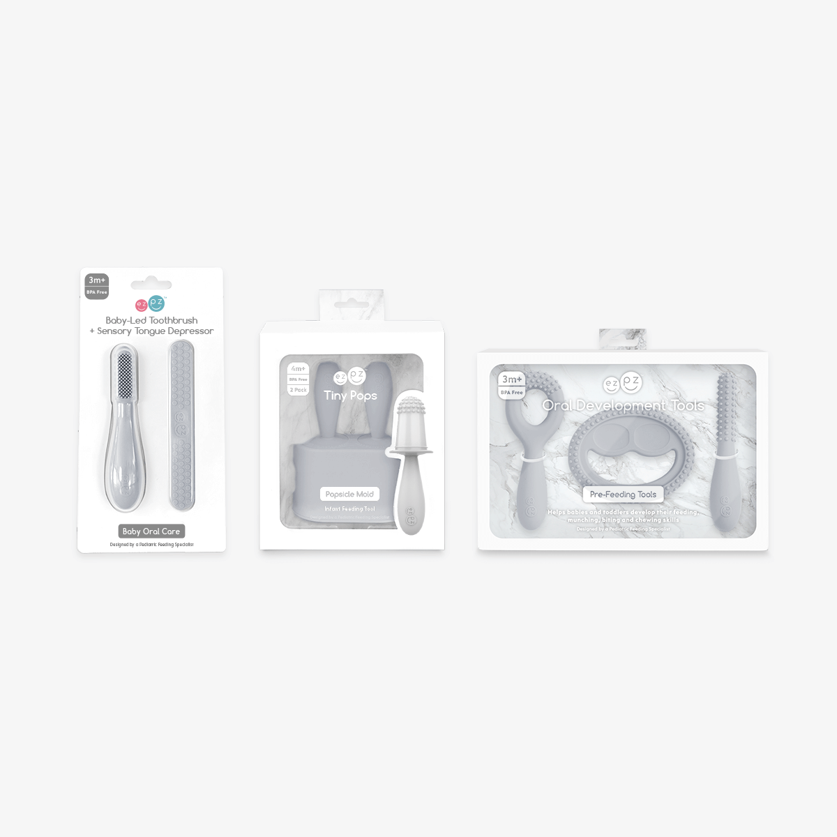 Pre-Feeding Oral Care Bundle in Pewter Light Gray / ezpz Baby-Led™ Toothbrush + Sensory Tongue Depressor Dual Pack, Tiny Pops and Oral Development Tools