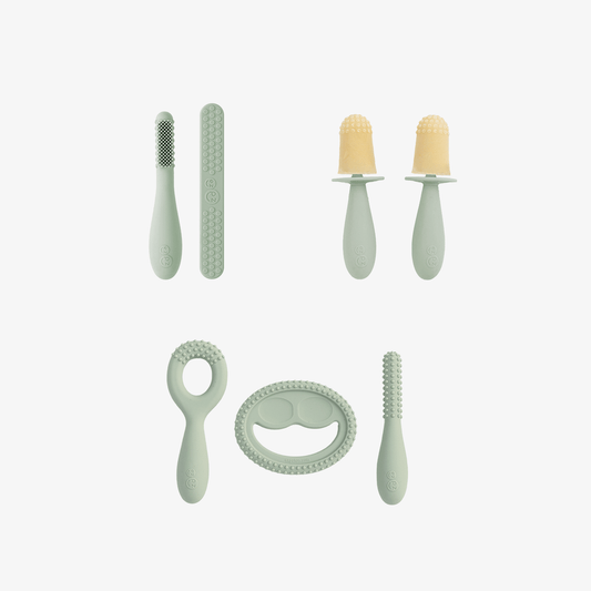  Pre-Feeding Oral Care Bundle in Sage Green / ezpz Baby-Led™ Toothbrush + Sensory Tongue Depressor Dual Pack, Tiny Pops and Oral Development Tools
