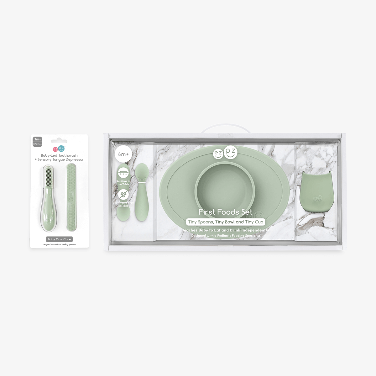 First Foods Oral Care Bundle in Sage Green / ezpz Baby-Led™ Toothbrush + Sensory Tongue Depressor Dual Pack and First Foods Set