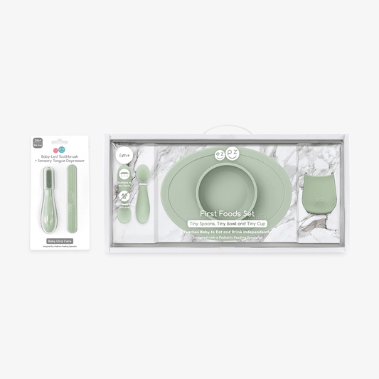 First Foods Oral Care Bundle in Sage Green / ezpz Baby-Led™ Toothbrush + Sensory Tongue Depressor Dual Pack and First Foods Set