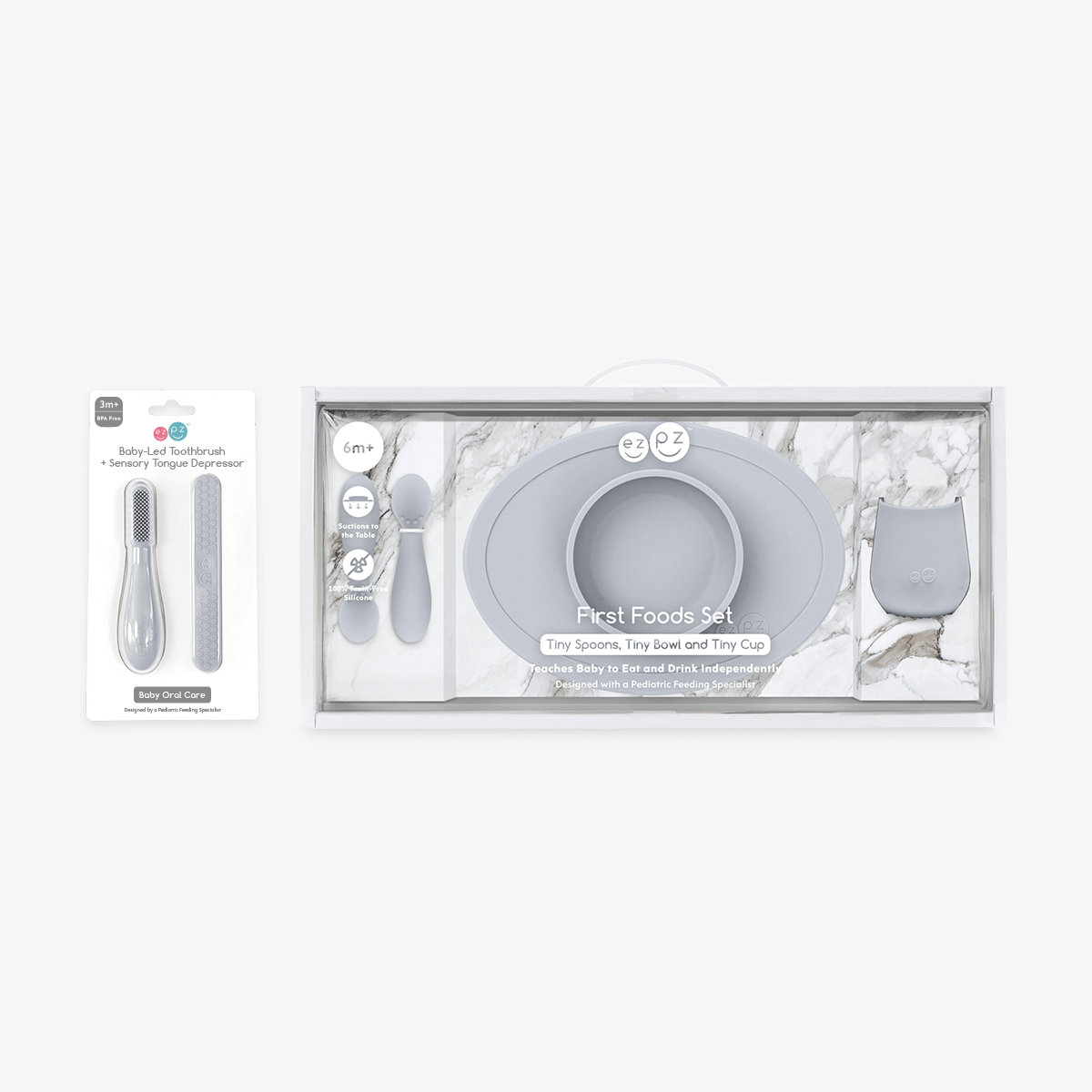 First Foods Oral Care Bundle in Pewter Gray / ezpz Baby-Led™ Toothbrush + Sensory Tongue Depressor Dual Pack and First Foods Set