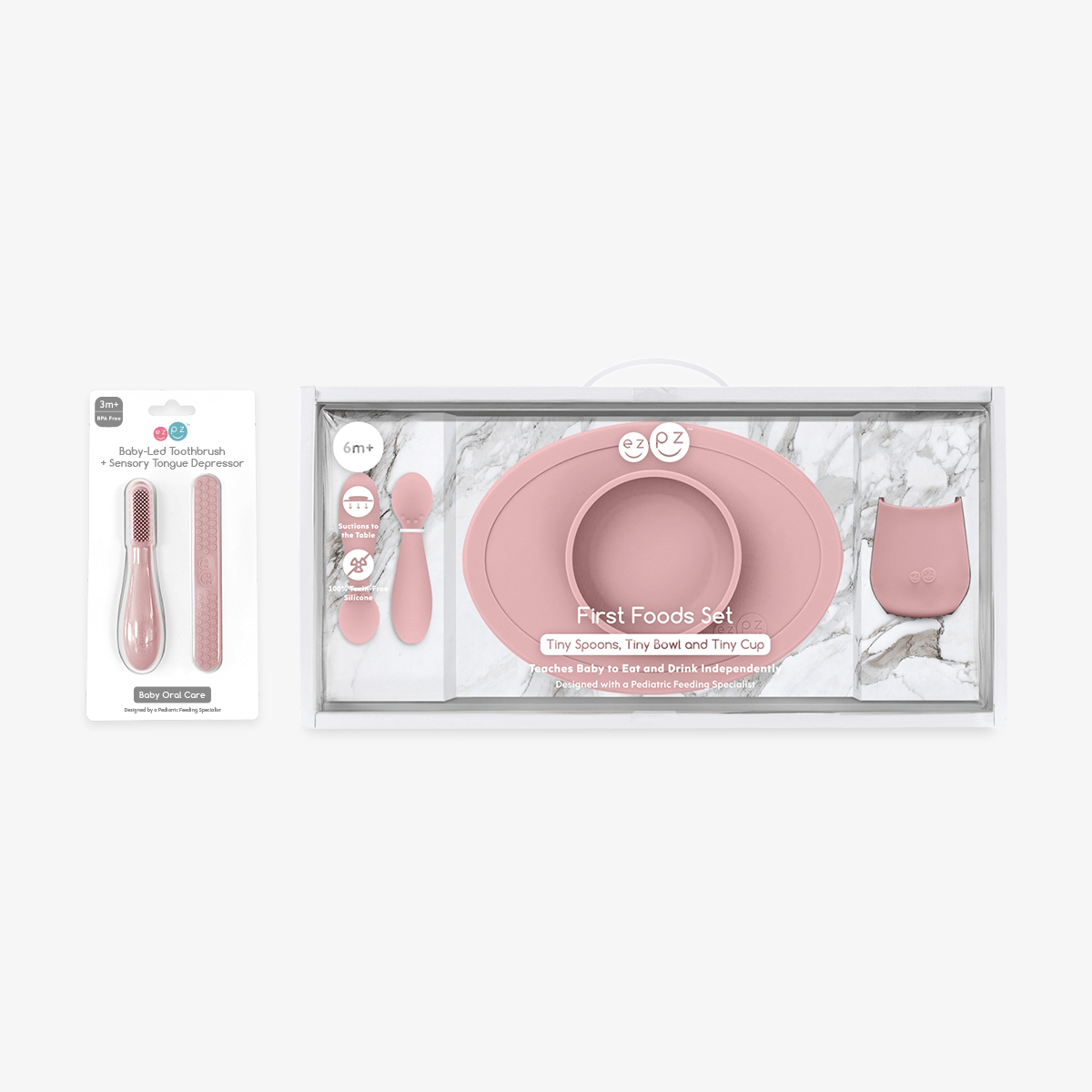 First Foods Oral Care Bundle in Blush Pink / ezpz Baby-Led™ Toothbrush + Sensory Tongue Depressor Dual Pack and First Foods Set