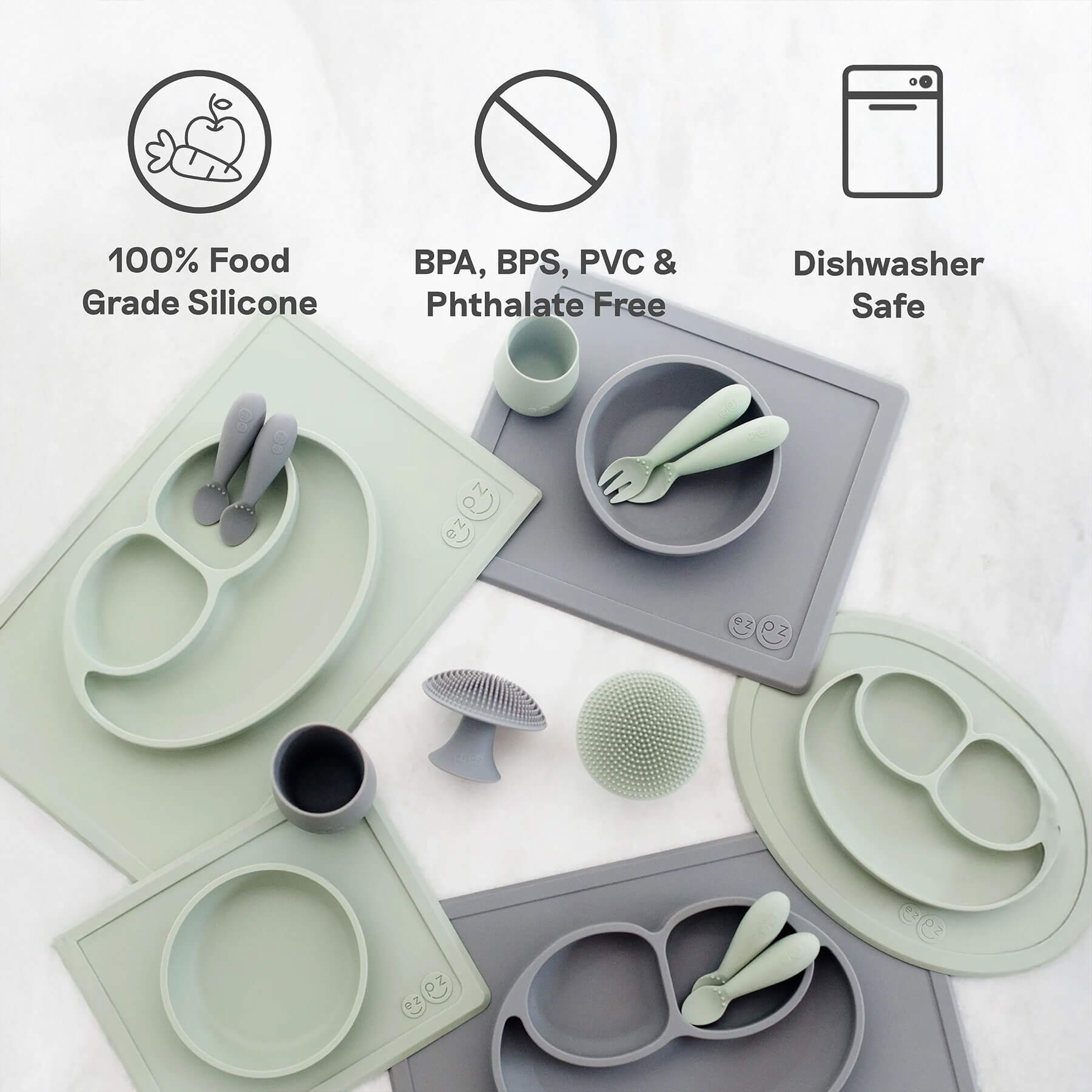 ezpz products are made of 100% food grade silicone, are BPA, BPS, PVC and phthalate free, and dishwasher safe
