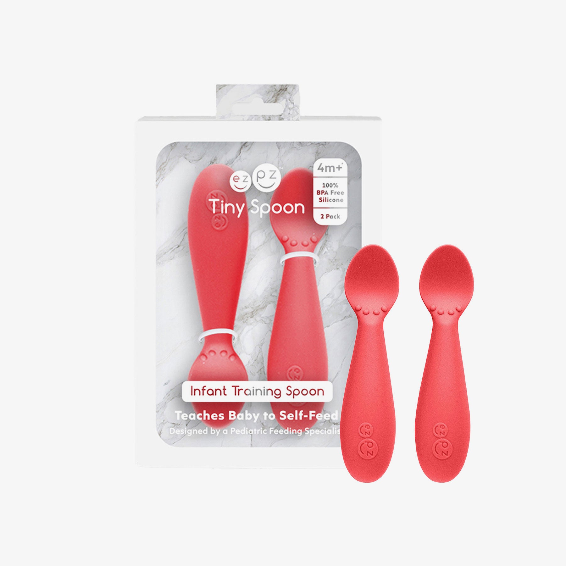 The Tiny Spoon in Coral Pink by ezpz / Small, Sensory Silicone Spoon for Babies 