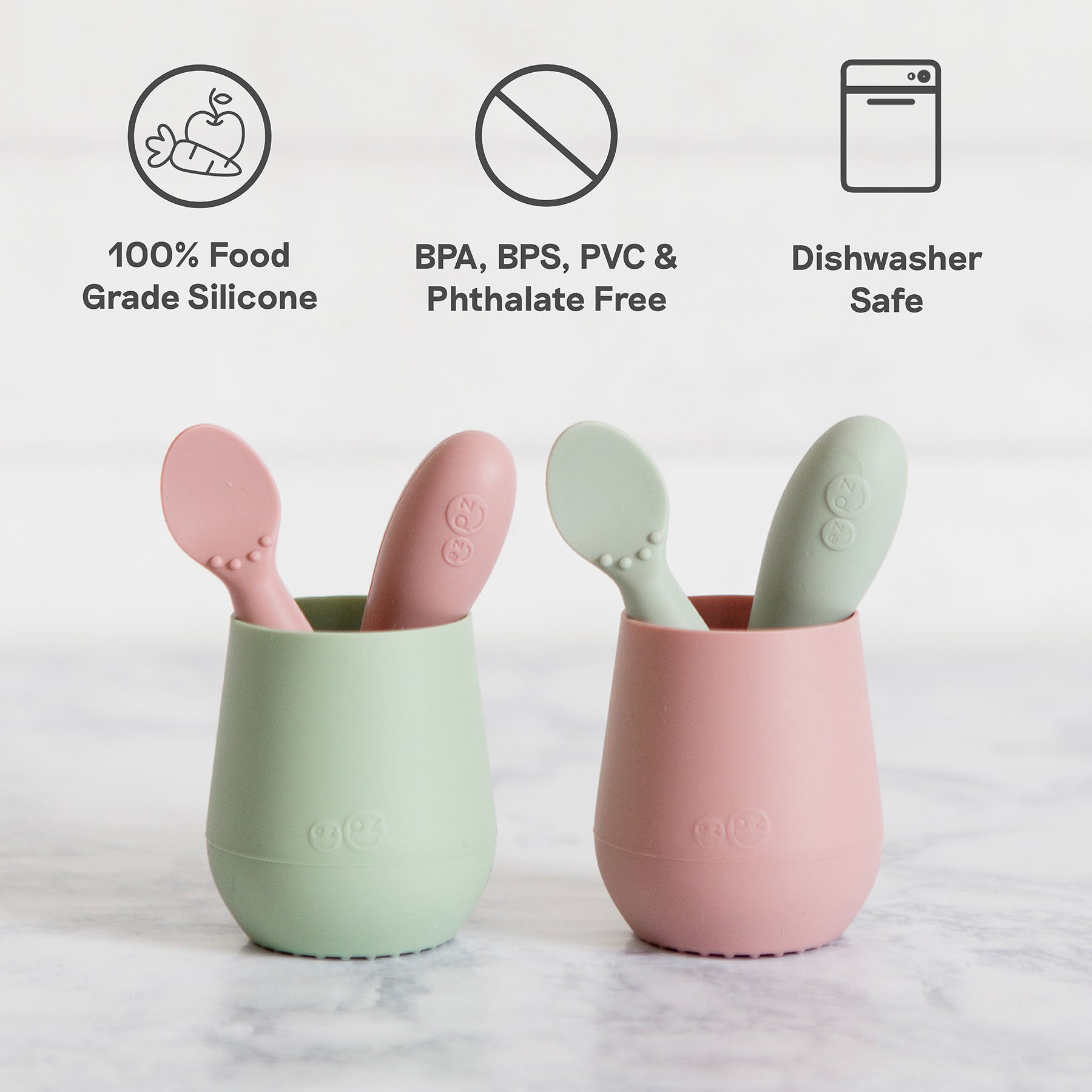 ezpz Tiny Spoons and Tiny Cups are made of 100% food grade silicone, are BPA free, and dishwasher safe
