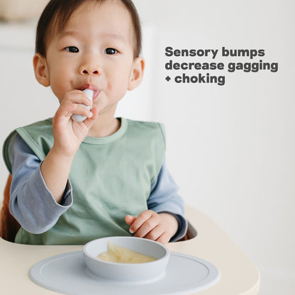 ezpz Tiny Spoons for babies have sensory bumps to decrease gagging and choking