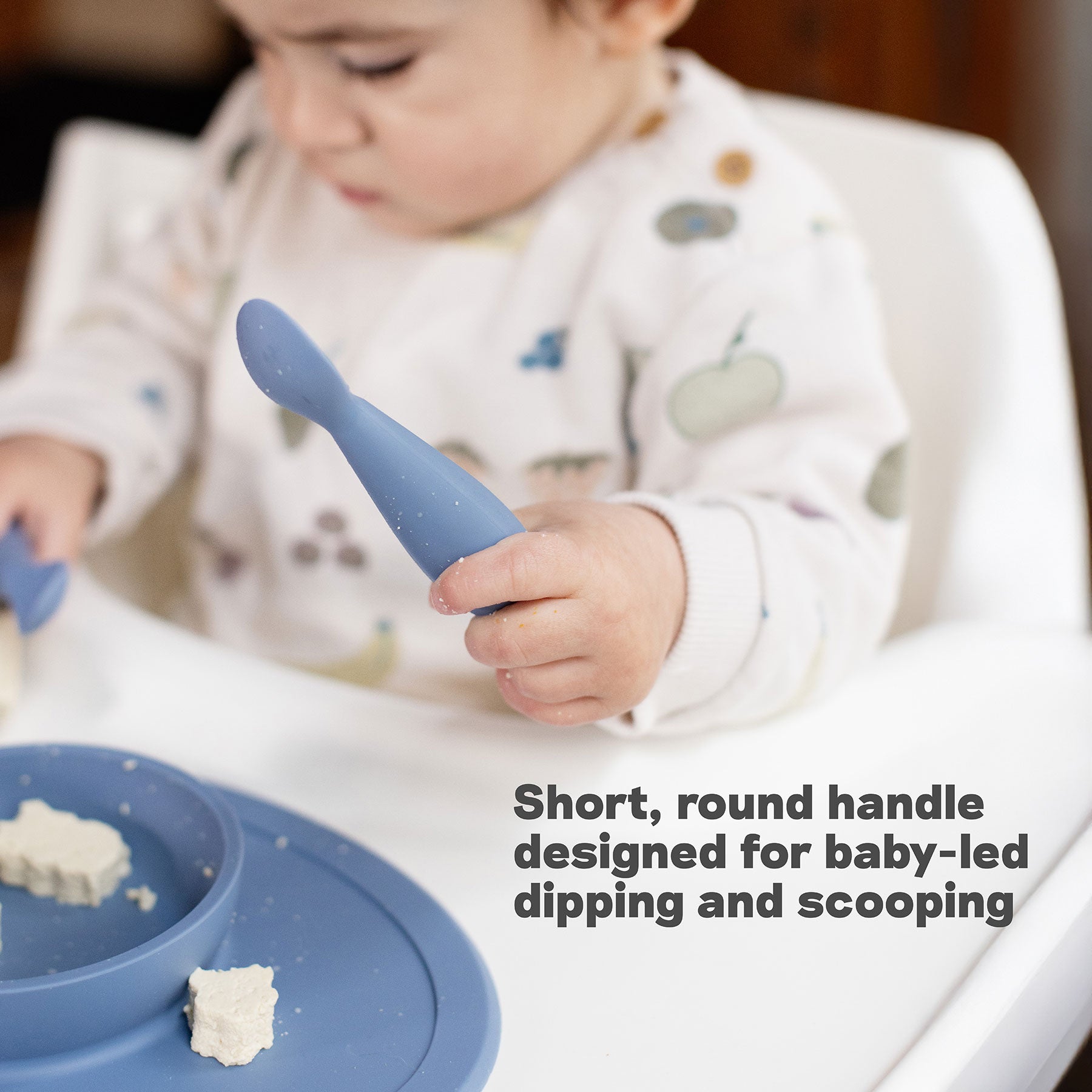 ezpz Tiny Spoons for babies have a short, round handle designed for baby-led dipping and scooping