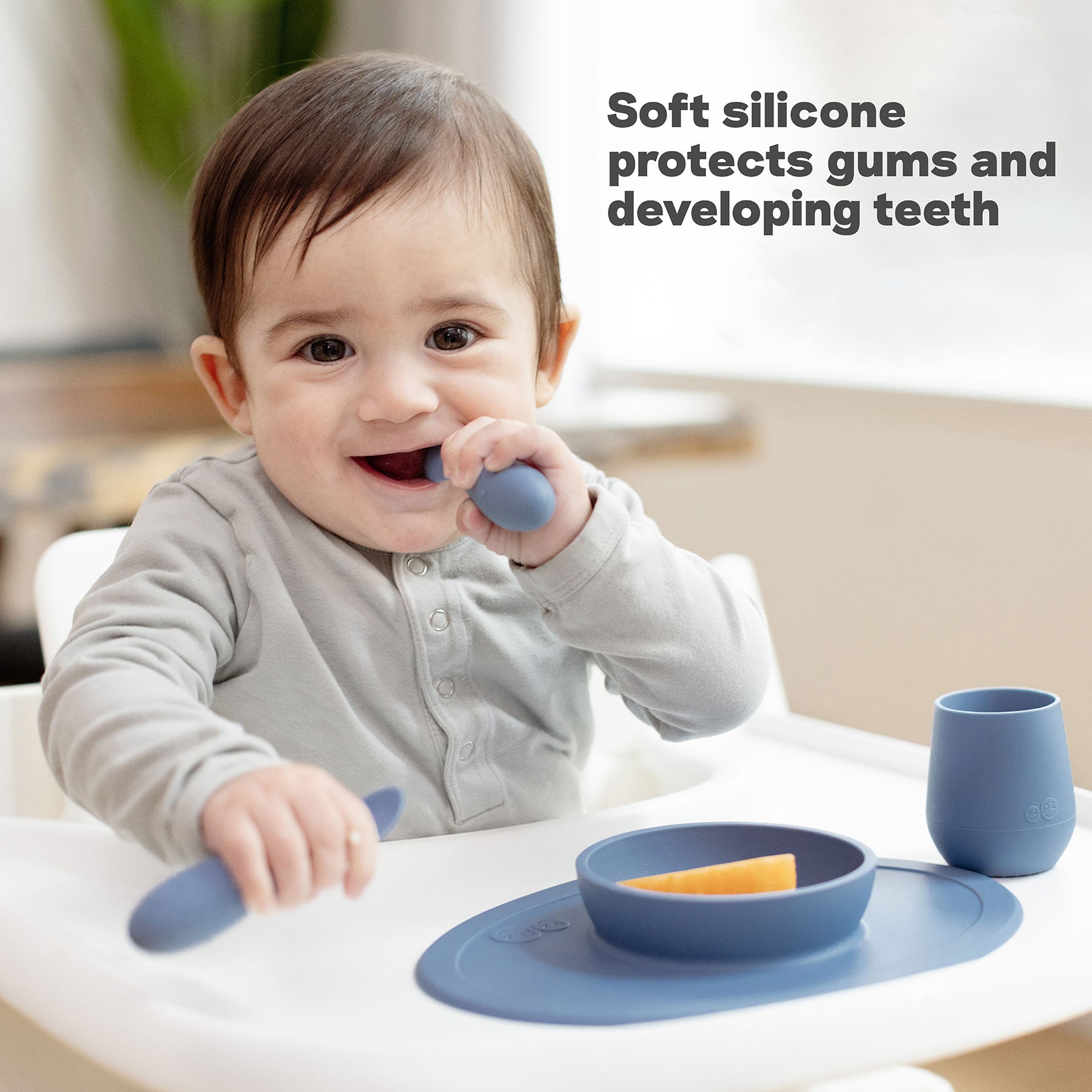 ezpz Tiny Spoons for babies are made of soft silicone that protects gums and developing teeth