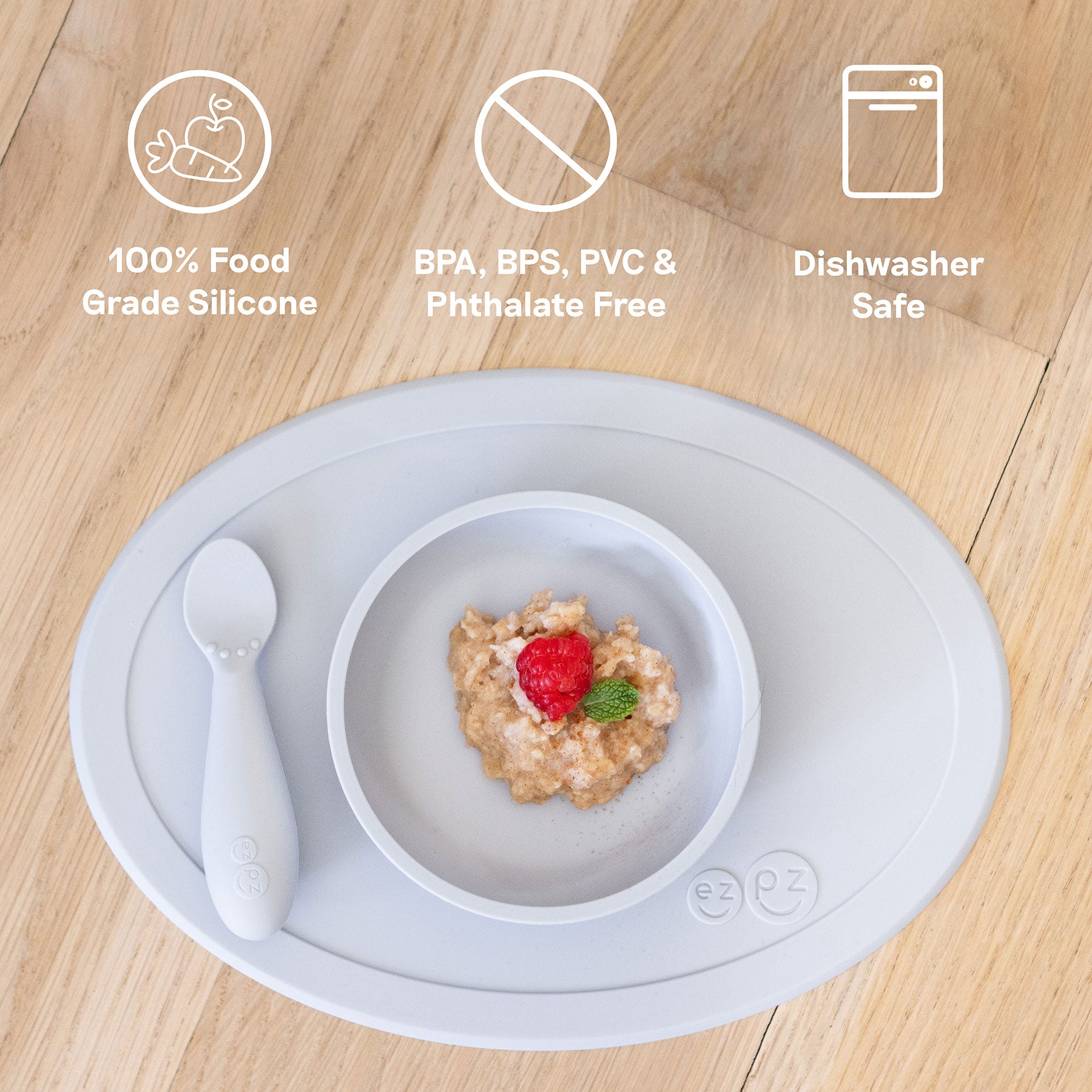 ezpz First Foods Set is made of 100% silicone, is BPA free, and dishwasher safe