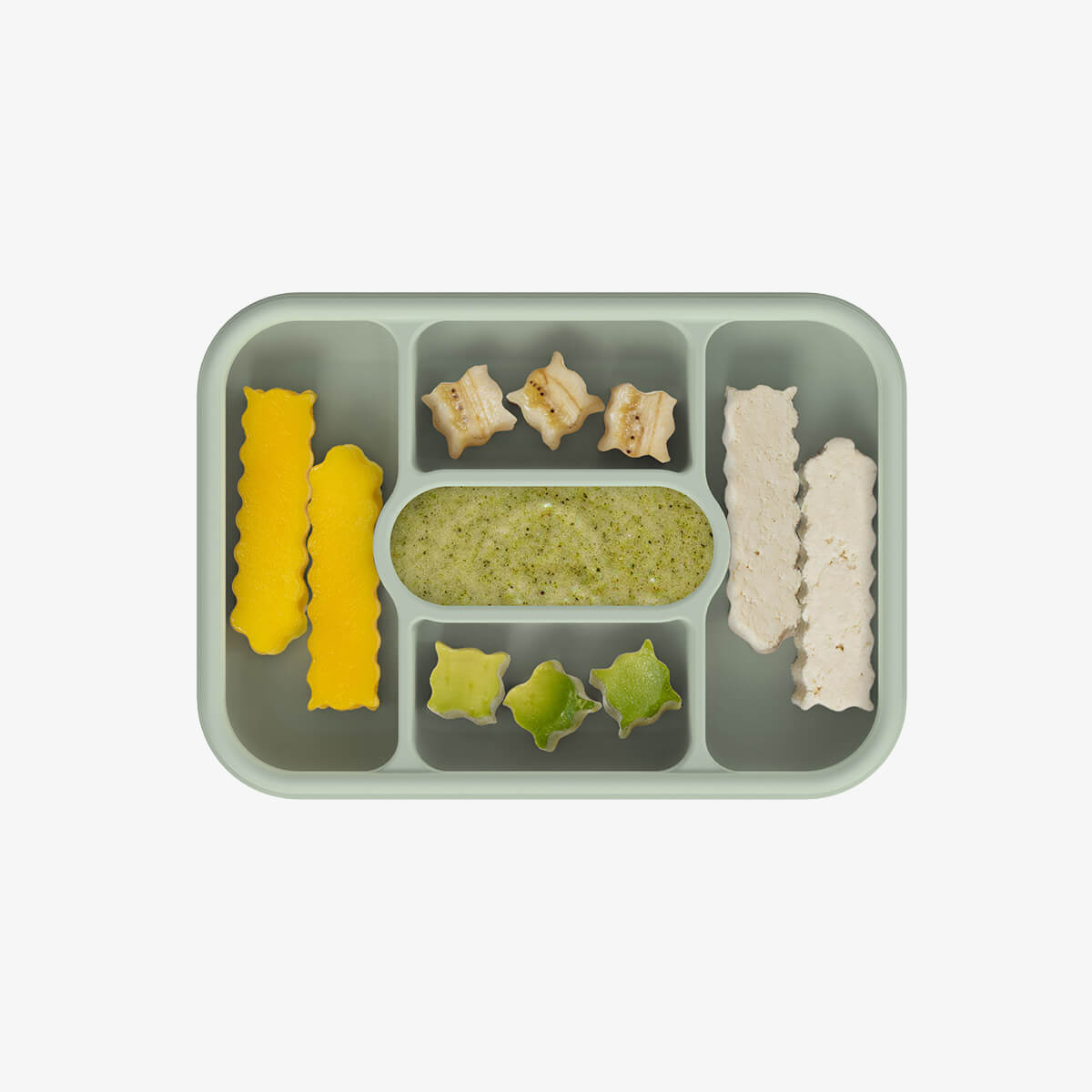 ezpz travel box in sage green is an all-in-one feeding + storage system that helps families pack, transport, and serve baby’s meals when away from home 