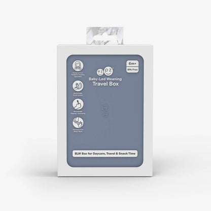 ezpz travel box in indigo blue is an all-in-one feeding + storage system that helps families pack, transport, and serve baby’s meals when away from home 