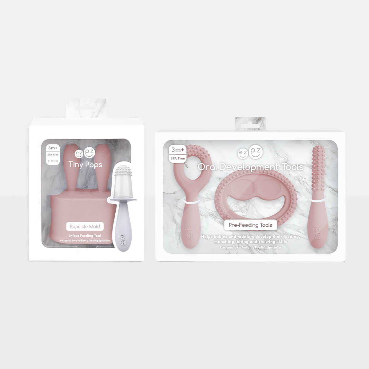 Pre-feeding set by ezpz in blush pink includes the tiny pops and oral development tools (silicone teethers)