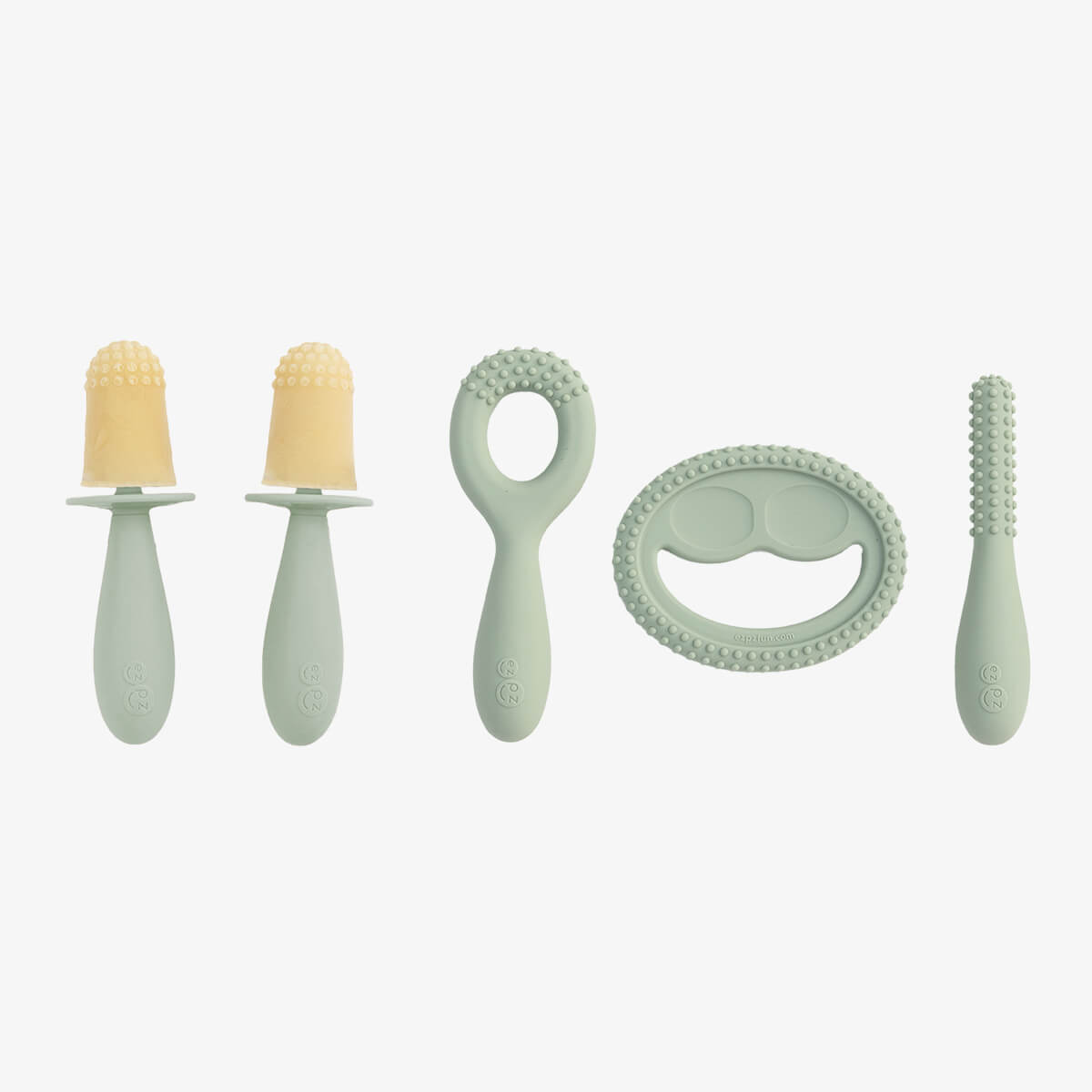 Pre-feeding set by ezpz in sage green includes the tiny pops and oral development tools (silicone teethers)