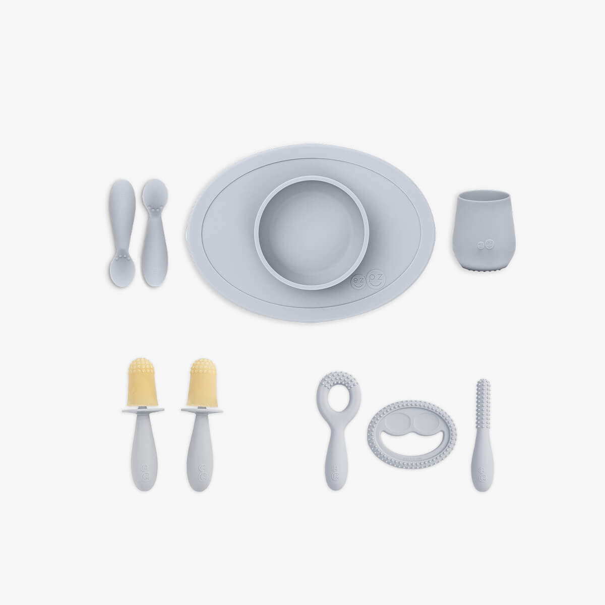 Ultimate Baby Shower Bundle in Pewter / ezpz First Foods Set, Tiny Pops and Oral Development Tools