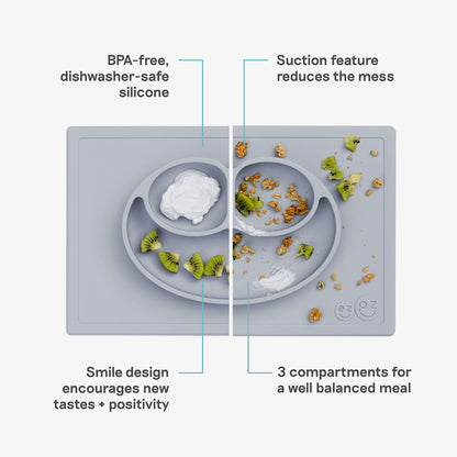 Happy Mat in Pewter by ezpz / The Original All-In-One Silicone Plates & Placemats that Stick to the Table 