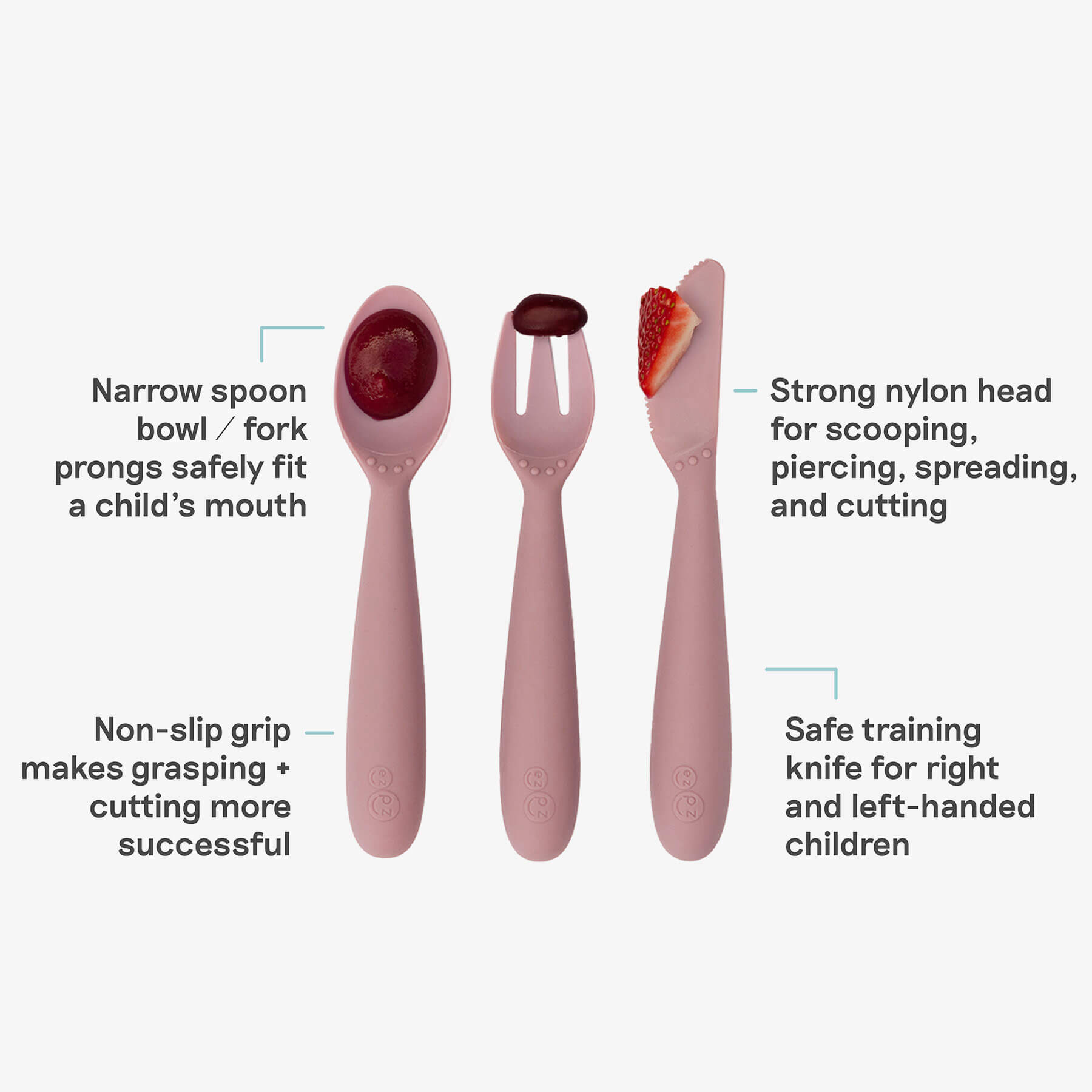 Happy Utensils in Blush by ezpz / Silicone Spoon, Fork and Knife Set for Kids 