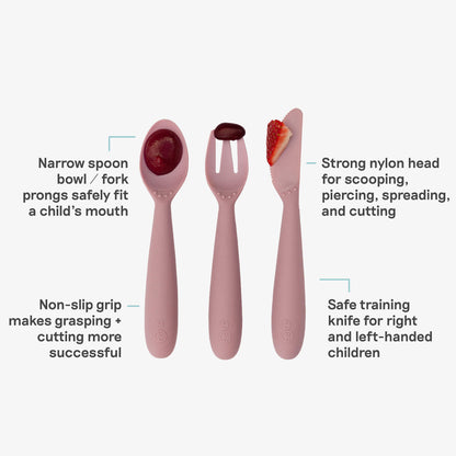 Happy Utensils in Blush by ezpz / Silicone Spoon, Fork and Knife Set for Kids 