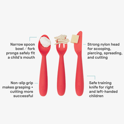 Happy Utensils in Coral by ezpz / Silicone Spoon, Fork and Knife Set for Kids 