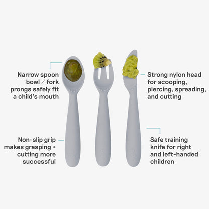 Happy Utensils in Pewter by ezpz / Silicone Spoon, Fork and Knife Set for Kids 