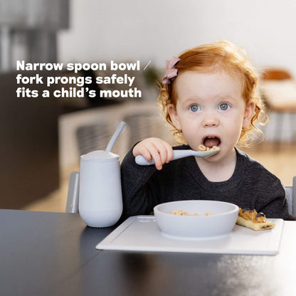ezpz Happy Utensils have a narrow spoon bowl and fork prongs that fit safely inside a child's mouth