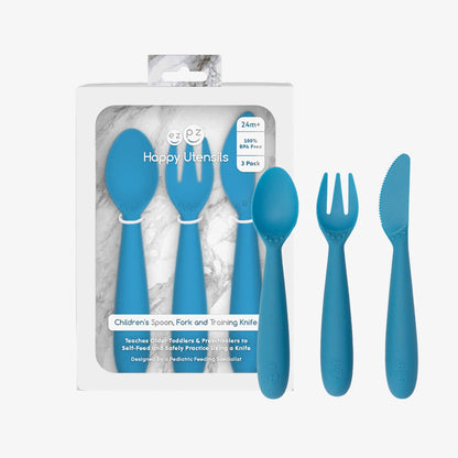 Happy Utensils in Blue by ezpz / Silicone Spoon, Fork and Knife Set for Kids 