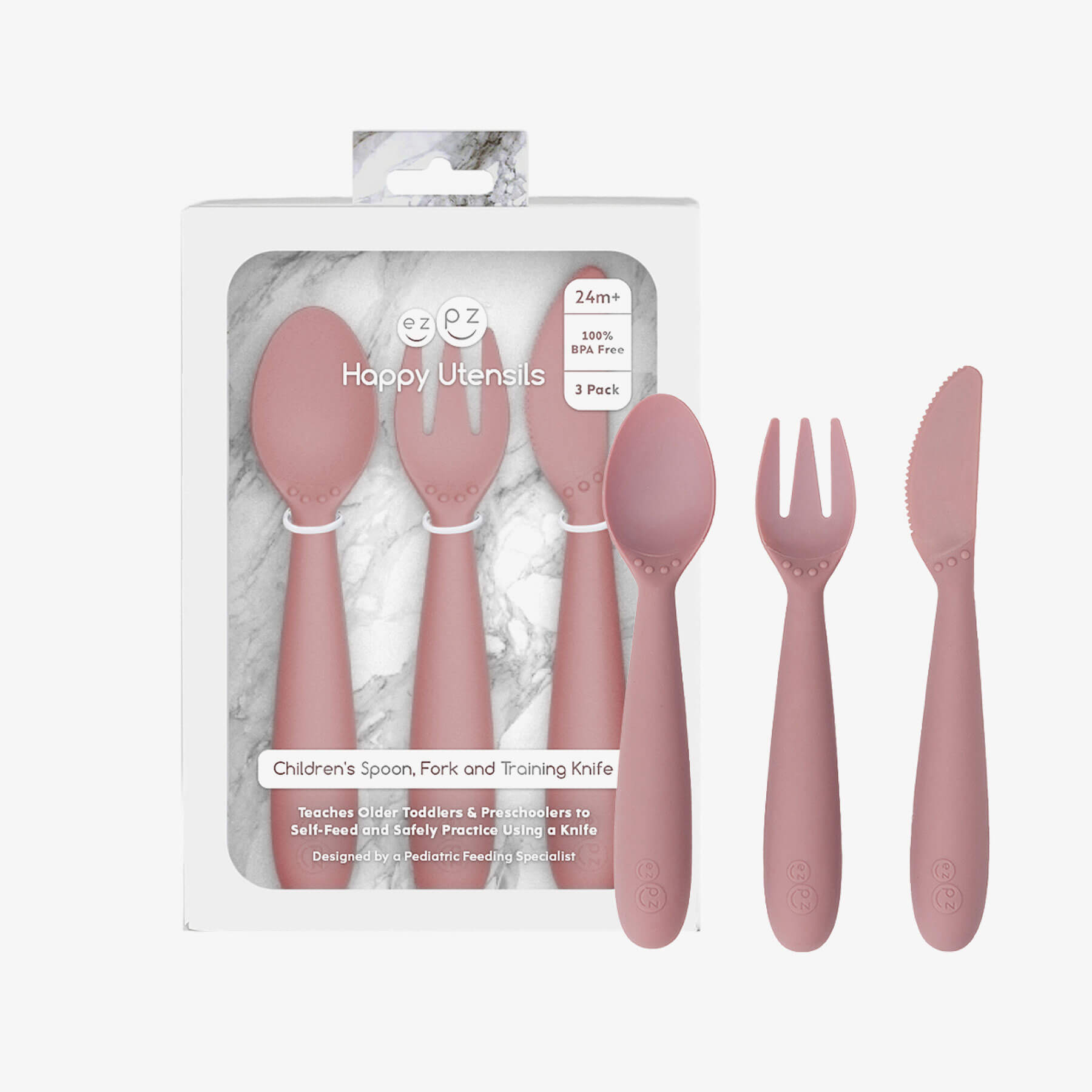 Happy Utensils in Blush by ezpz / Silicone Spoon, Fork and Knife Set for Kids 