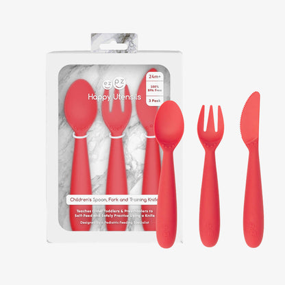 Happy Utensils in Coral by ezpz / Silicone Spoon, Fork and Knife Set for Kids 