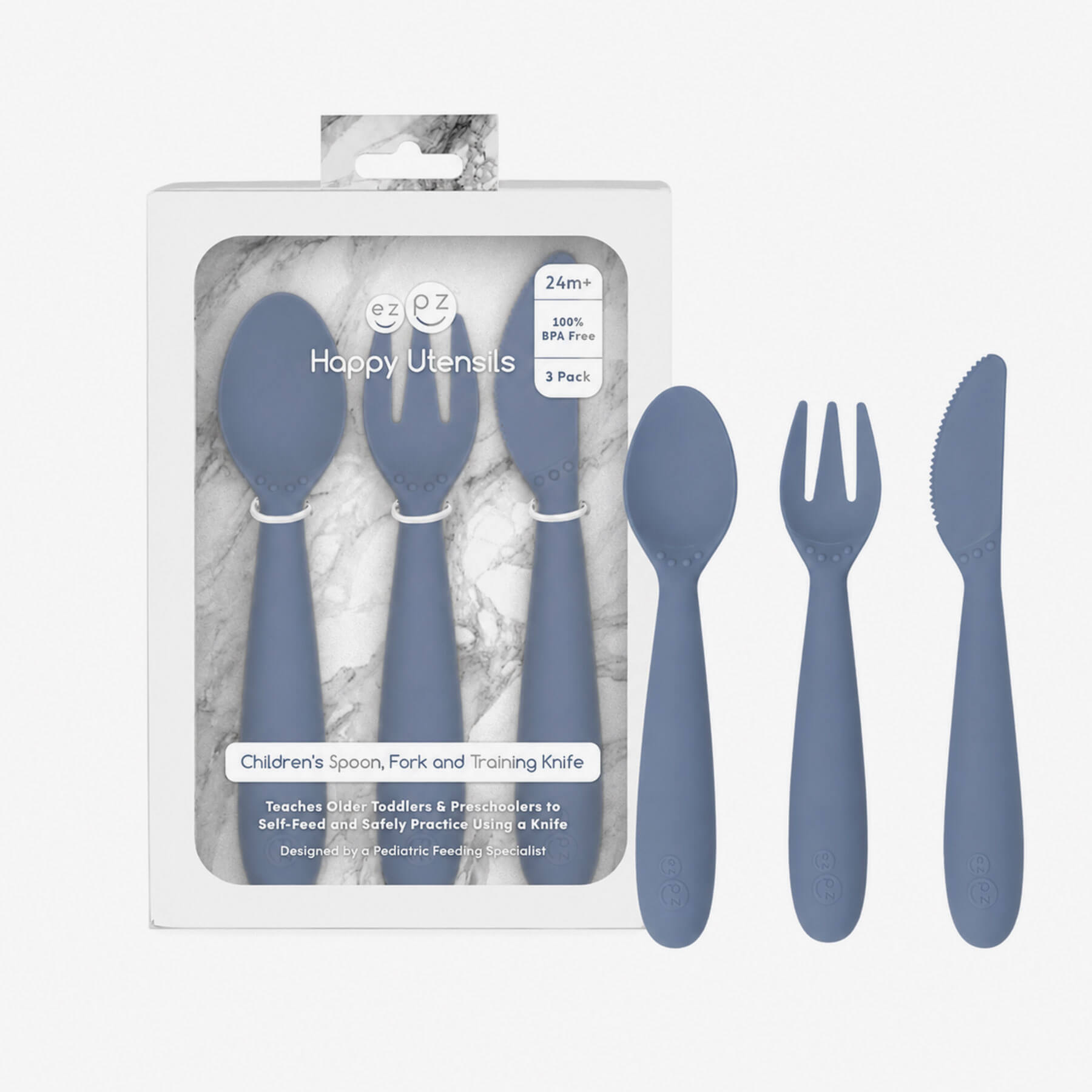 Happy Utensils in Indigo Blue by ezpz / Silicone Spoon, Fork and Knife Set for Kids 