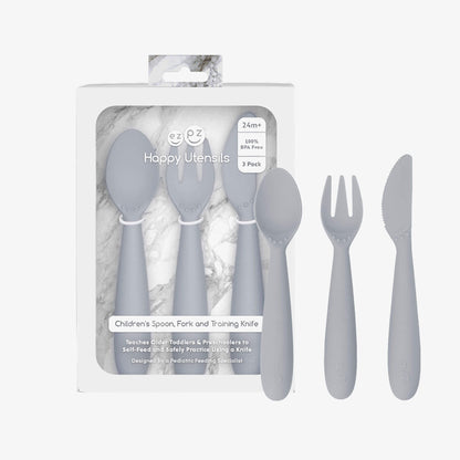 Happy Utensils in Pewter by ezpz / Silicone Spoon, Fork and Knife Set for Kids 