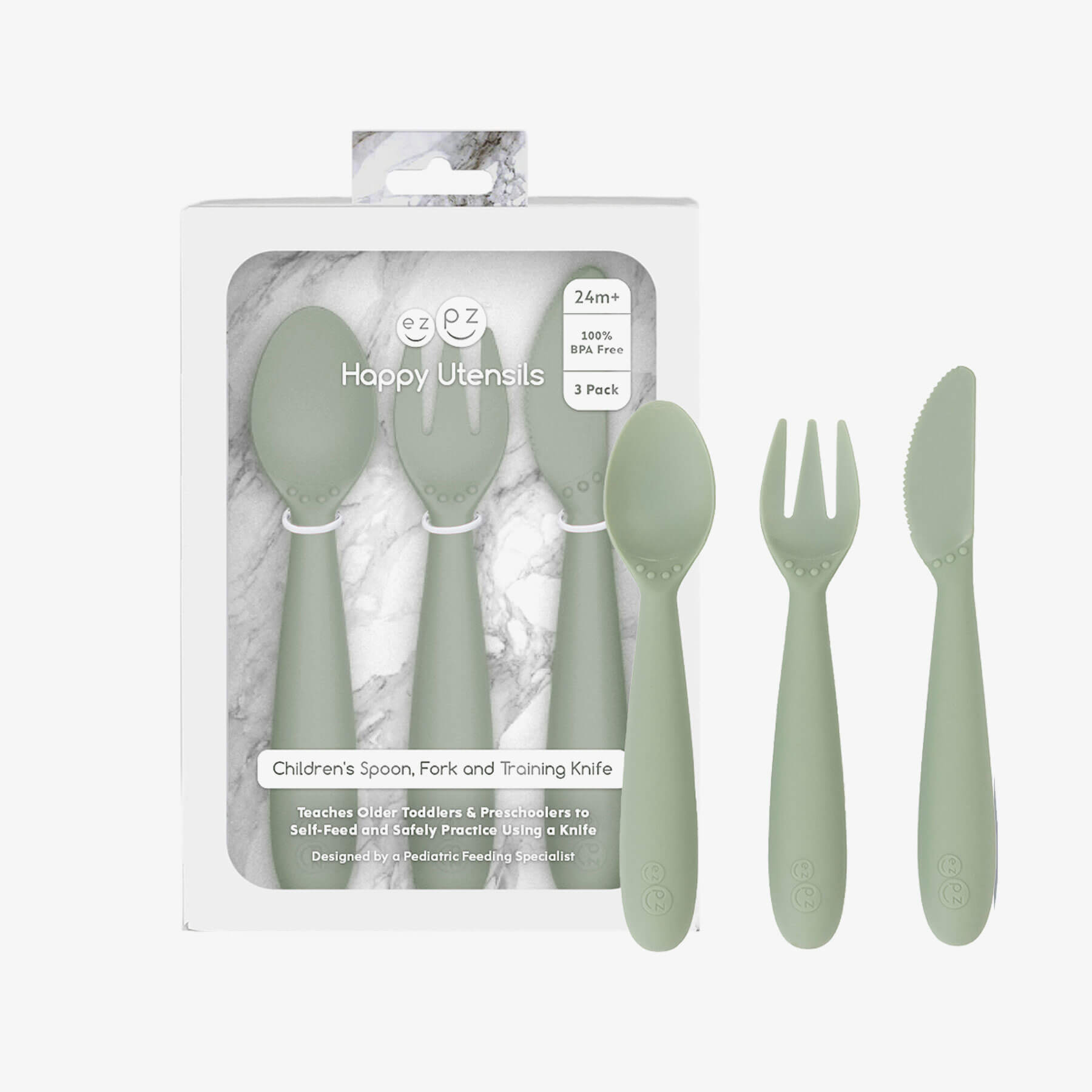 Happy Utensils in Sage by ezpz / Silicone Spoon, Fork and Knife Set for Kids #color_sage